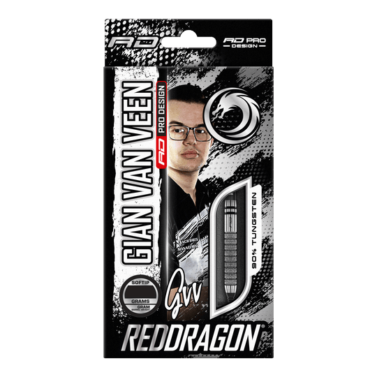 Auf dem Bild ist die Verpackung der "Red Dragon Gian Van Veen Tour Edition Softdarts - 20g" zu sehen. Die Packung zeigt ein Porträt von Gian Van Veen und ein Sichtfenster mit einem Dartpfeil.