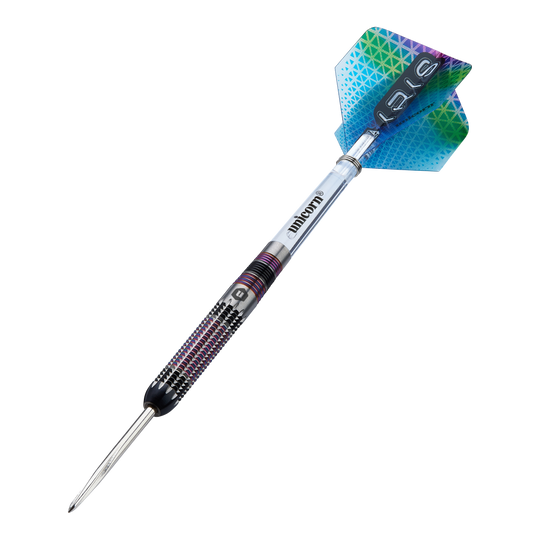 Dardos de acero Unicorn Iris Unicorn Iris Steeldarts sind als Set abgebildet. Die Darts haben eine auffällige Form.