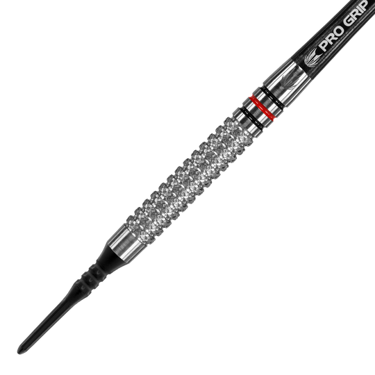 Dardos blandos Target Vapor8 05 - 18 g Das Bild zeigt einen Target Vapor8 05 Softdart mit einem Gewicht von 18 Gramm. Der Dart hat eine strukturierte Griffoberfläche und eine schwarze Pro Grip Shafts.