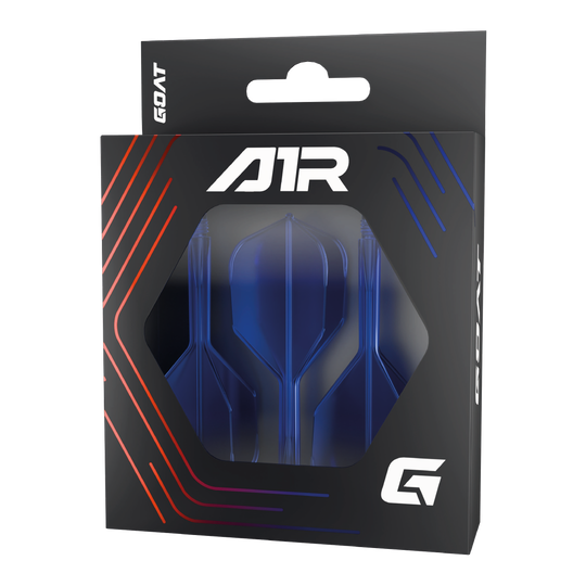 Sistema de eje de vuelo GOAT A1R No6 - Azul Die Abbildung zeigt das Produkt "GOAT A1R No6 Flight-Shaft-System - Blau" in seiner Verpackung. Im Inneren sind blaue Dart-Flights und -Schäfte sichtbar.