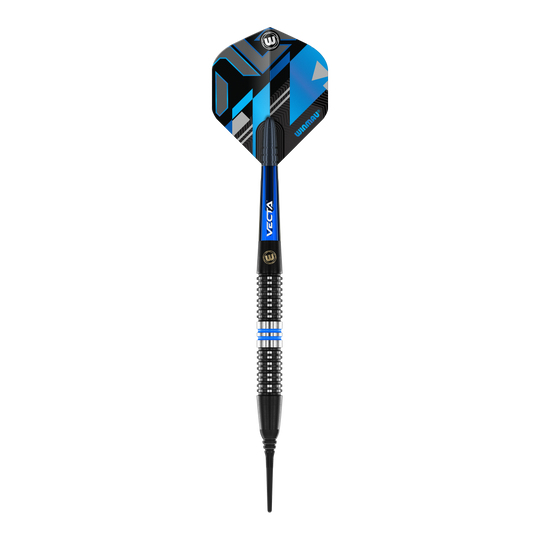 Dardos blandos Winmau Galactics - 20 g Das Bild zeigt einen Winmau Galactics Softdart mit einem Gewicht von 20 Gramm. Der Dart hat schwarze, blaue und silberne Akzente sowie eine moderne, geometrische Flight-Gestaltung.