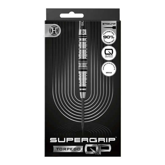 Dardos de acero Harrows Supergrip Torpedo Quick Point Hier werden die Harrows Supergrip Torpedo Quick Point Steeldarts dargestellt. Diese Darts sind robust und für hohe Performance beim Spielen geeignet.