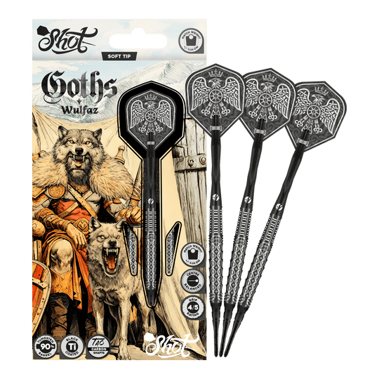 Dardos blandos Shot Goths Wulfaz - 20 g Abgebildet sind die Shot Goths Wulfaz Softdarts - 20g in einer Gesamtansicht. Sie sind perfekt für Softdartspieler geeignet.