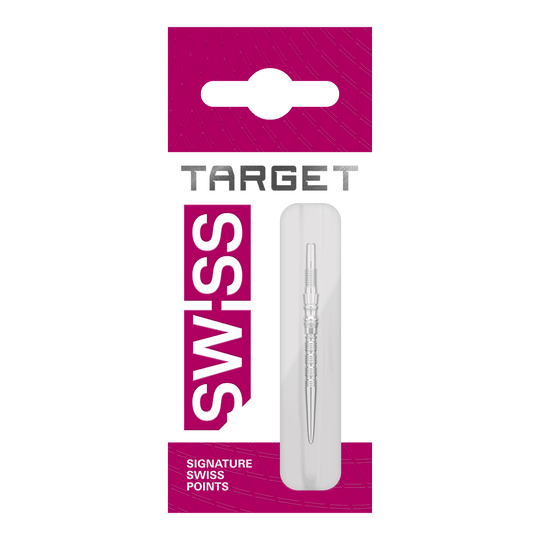 Puntas de dardo de acero Target Signature Swiss Point TRB - plateadas Drei silberne Dartspitzen liegen nebeneinander. Das Bild zeigt vermutlich 'Target SwissPoint Signature TRB Dartspitzen' mit einer Länge von 30 mm.