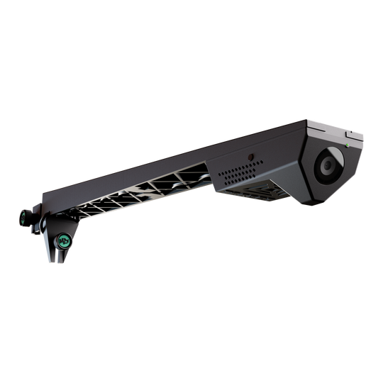 Cámara Target VIRT Das Bild zeigt die Produktkamera "Target VIRT Kamera" mit modernem, kantigem Design. Sie ist an einer Halterung befestigt und wirkt sehr technologisch und robust.