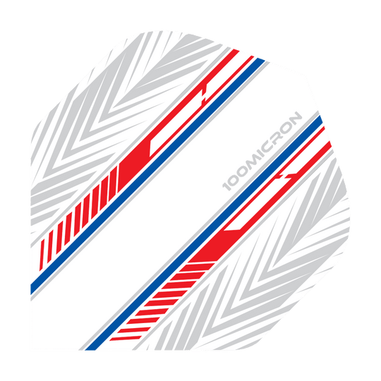 Vuelos de pentatlón blanco/rojo/azul Das Bild zeigt ein Dartflight in Weiß mit roten und blauen Streifen. Auf dem Flight steht „100 Micron“ und es hat ein geometrisches Muster im Hintergrund.