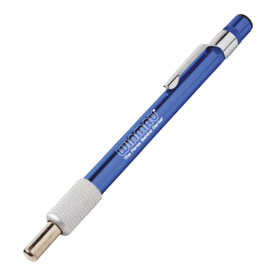 Piedra de afilar Winmau Diamond Point Ein blauer Schleifstein für Dartspitzen ist abgebildet. Das Produkt dient dazu, die Spitzen von Darts zu schärfen.