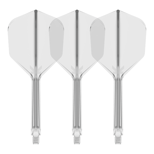 Sistema de vuelo Target K-Flex No6 - Transparente Es ist ein Flight-System abgebildet, vermutlich das Target K-Flex No6 Clear mit 33 mm Länge. Das Bild zeigt ein transparentes Dart-Zubehör.