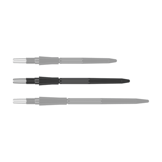 Puntas de dardo Target Elysian Archetype 43 Swiss Point de acero - Negras Ein schwarzer Dartspitzenaufsatz ist auf dem Bild zu sehen. Die Spitze ist 35 mm lang.