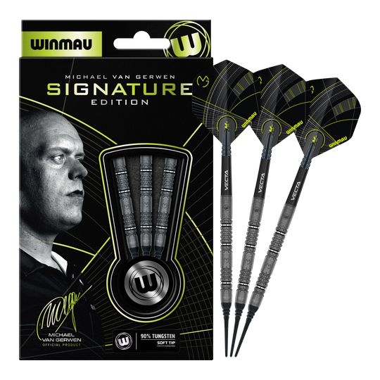 Dardos blandos Winmau Michael Van Gerwen Signature Edition - 20 g Hier sieht man die Winmau Michael Van Gerwen Signature Edition Softdarts mit 20g. Die vollständige Ansicht der Darts ist dargestellt.