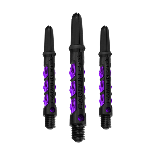 HR426_Harrows_Carbon_ST_Shafts_Lila_40mm_1fc2LyOmLsFmz8 Auf dem Bild sind drei Harrows Carbon ST Shafts in der Farbe Lila zu sehen. Die Dartschäfte bestehen aus schwarzem Material mit auffälligen, lilafarbenen Akzenten.