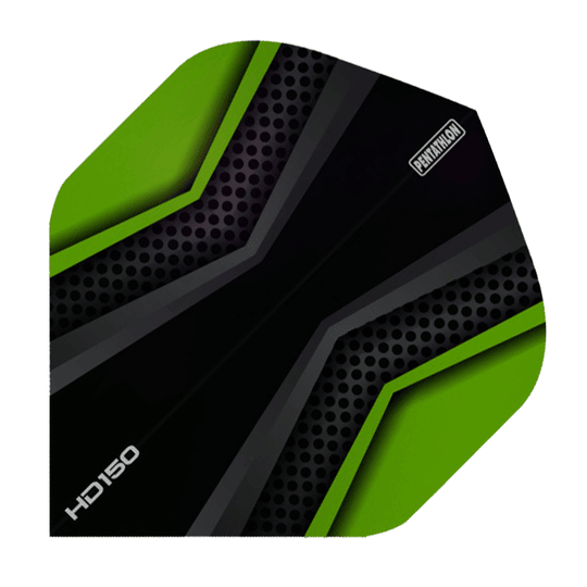 HD2024-Pentathlon-HD150-Black-Green Das Bild zeigt das Produkt "HD 150 Pentathlon Flights" in Schwarz und Grün. Das Design besteht aus schwarzen und grünen Flächen mit grafischen Mustern und der Aufschrift "HD150" sowie "Pentathlon".
