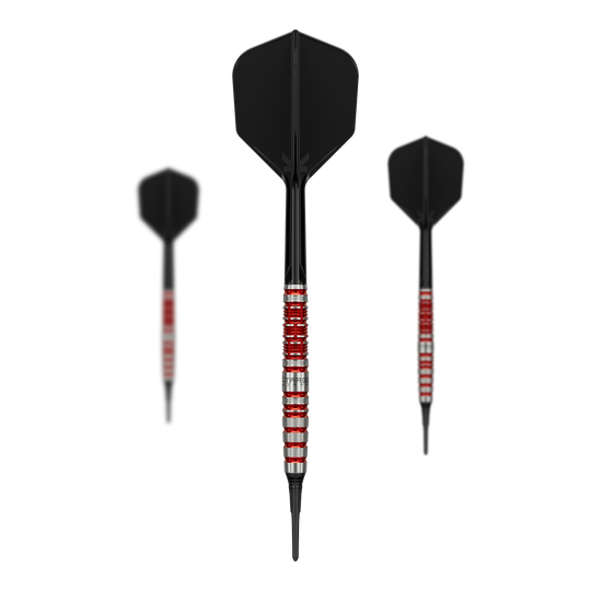 Dardos blandos Target Black Marque Spinel - 21,5 g Target Black Marque Spinel Softdarts - 21,5g ist ein Softdart-Set für präzises Spiel. Das Bild zeigt alle Komponenten des Sets auf einen Blick.