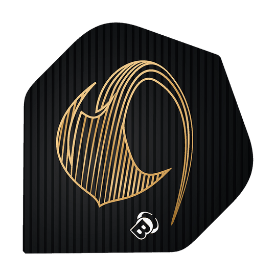 Vuelos estándar Bulls Metrixx Stingray No2 Das Bild zeigt ein schwarzes Dart Flight mit einem goldenen, stilisierten Stingray-Design. Unten ist ein kleines weißes "B" Logo abgebildet.