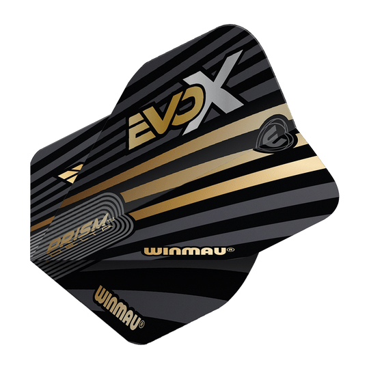 Vuelos estándar Winmau Prism Delta MvG Evo-X No2 Das Bild zeigt die Winmau Prism Delta MvG Evo-X No2 Standard Flights. Die Flights sind schwarz-gold gestaltet und mit den Aufschriften "EVO X", "WINMAU" und "PRISM DELTA" versehen.