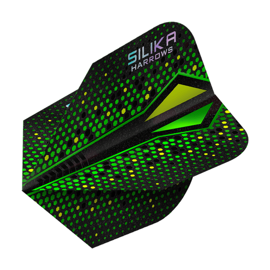 Plumas Harrows Silika Colorshift con revestimiento cristalino resistente Green-X No6 Das Bild zeigt einen grünen Dartflight mit auffälligem Punktmuster und dem Aufdruck „SILIKA HARROWS“. Die Oberfläche hat eine schimmernde, kristallähnliche Beschichtung.