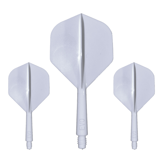 Hier ist das Evolution EVO1 Flight-Shaft-System in Weiß abgebildet. Dieses Produkt ist für den Einsatz im Dartsport bestimmt.