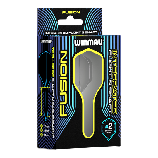 Sistema de eje de vuelo Winmau Fusion estándar Smokey Auf dem Bild ist eine Verpackung des Winmau Fusion Integrated Flight & Shaft Systems zu sehen. Das Produkt hat die Größe 22 mm und ist in der Farbe "Smokey" erhältlich.