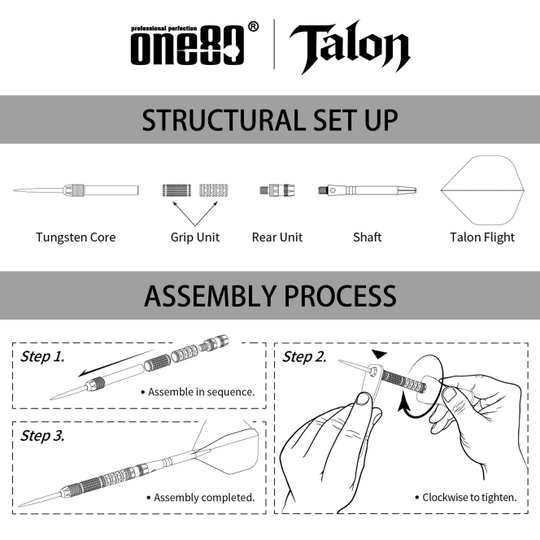 Dardos de acero One80 Talon T1 Abgebildet sind die One80 Talon Steeldarts. Diese Darts bieten eine hochwertige Verarbeitung und ein modernes Design.