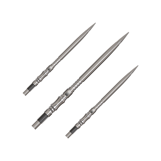 Axis Silver Elite Serie Dartspitzen in 40mm werden gezeigt. Die Spitzen sind silberfarben.