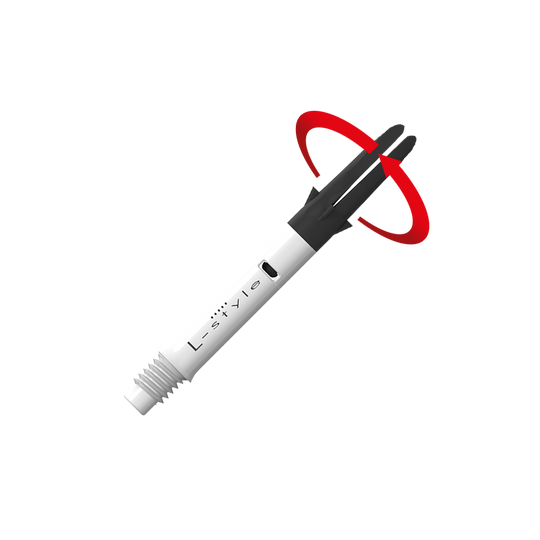 Das Bild zeigt einen weißen und schwarzen Dartshaft mit der Aufschrift "L-style". Ein roter Pfeil deutet auf eine Drehbewegung an der oberen schwarzen Spitze des Schafts hin.