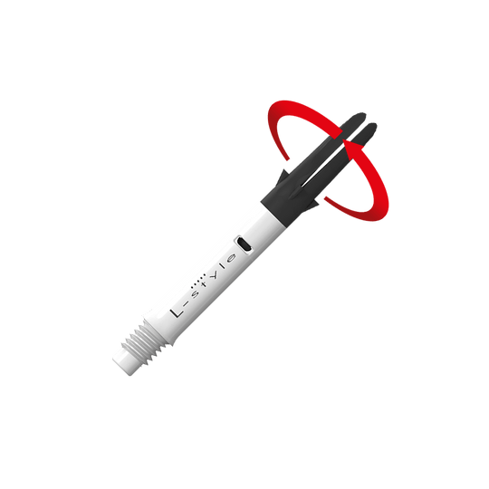Flecha recta silenciosa de carbono estilo L - Blanca Das Bild zeigt einen weißen und schwarzen Dartshaft mit der Aufschrift "L-style". Ein roter Pfeil deutet auf eine Drehbewegung an der oberen schwarzen Spitze des Schafts hin.