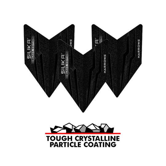 Vuelos Harrows Silika Black Edition Velos Das Bild zeigt die Harrows Silika Black-Edition Velos Flights in schwarzem Design. Unter den Flights steht der Slogan "Tough Crystalline Particle Coating" mit einer Grafik von Kristallen.