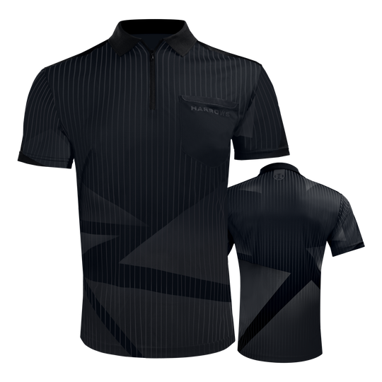 Harrows Shard Dartshirt - Schwarz Das Bild zeigt das "Harrows Shard Dartshirt - Schwarz" mit kurzen Ärmeln und dezentem Streifendesign. Auf der Brust befindet sich eine kleine Tasche mit dem Harrows-Logo.