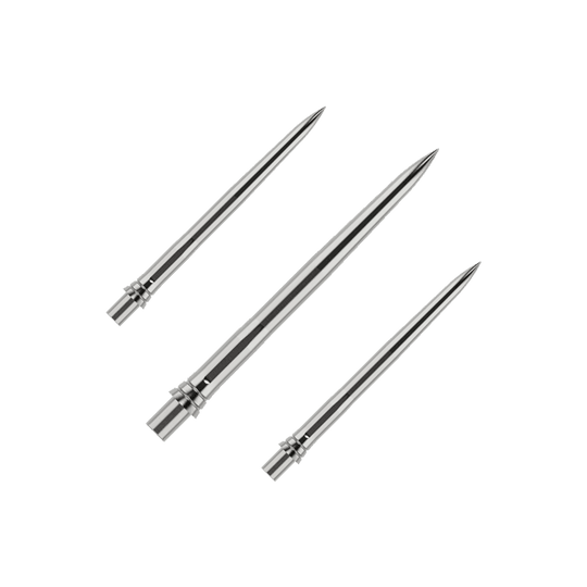 Das Bild zeigt silberne Dartspitzen mit einer glatten Oberfläche, wahrscheinlich aus Metall. Die Dartspitzen sind 28mm lang und werden als Set präsentiert.
