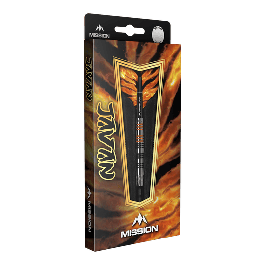 Dardos blandos de latón Mission Javan - 18 g Die Abbildung zeigt die Verpackung der "Mission Javan Brass Softdarts - 18g". Die Verpackung ist auffällig gestaltet und zeigt einen einzelnen Dartpfeil durch ein Sichtfenster.