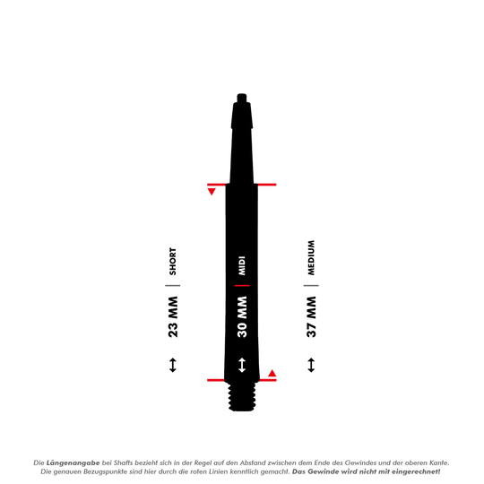 HRC12619_Harrows_Clic_Standard_Shafts_5_30mm Das Bild zeigt die Harrows Clic Standard Shafts in Schwarz mit drei Längenoptionen: Short (23 mm), Midi (30 mm) und Medium (37 mm). Die Längen werden zwischen den roten Linien gemessen, das Gewinde ist nicht mit eingerechnet.