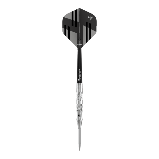 Dardos de acero Bulls Tac T1 Das Bild zeigt einen Bulls Tac T1 Steeldart. Der Dart hat ein silbernes Barrel und ein schwarz-graues Flight-Design.