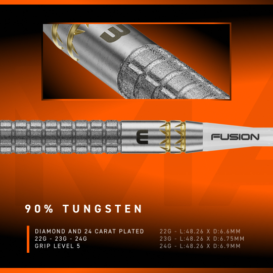 Dardos de acero Winmau Gian Van Veen W-MAX Switch Point Die Abbildung zeigt die Winmau Gian Van Veen W-MAX Switch Point Steeldarts. Drei Darts liegen nebeneinander auf einer weißen Fläche.