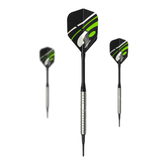 Dardos blandos McDart 85 Tungsten V16 - 16,5 g Mehrere McDart 85er Tungsten V16 Softdarts - 16,5g sind als Set dargestellt. Die Details sind klar zu erkennen.