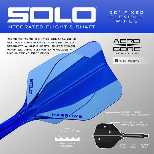 Sistema de eje de vuelo Harrows Solo No6 - Azul Zu sehen ist das blaue Harrows Solo No6 Flight-Shaft-System. Dieses Produkt wird für Dartpfeile verwendet.