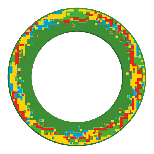 Marco para diana de píxeles McDart Ein Dartboard-Surround mit Mosaikmuster und markanten Details wird vorgestellt. Die Form bleibt rund und gleichmäßig.