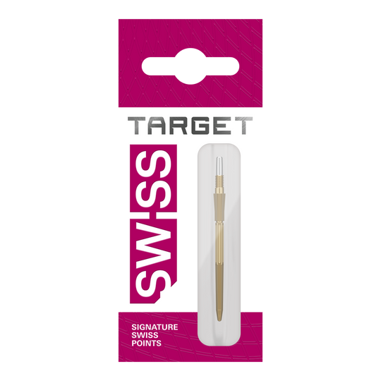 Puntas de dardo Target Elysian Archetype 43 Swiss Point de acero - Oro Abgebildet sind drei goldene Dartspitzen. Diese Dartspitzen sind Target Elysian Archetype 43 SwissPoint, 35 mm.