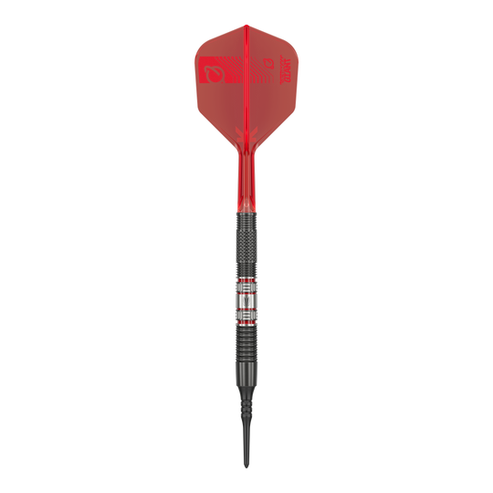 Dardos blandos Target Gabriel Clemens 95K - 19 g Das Bild zeigt einen Softdartpfeil des Modells „Target Gabriel Clemens 95K Softdarts - 19g“. Der Pfeil hat eine rote Flight, einen schwarzen Griffbereich und eine schwarze Spitze.