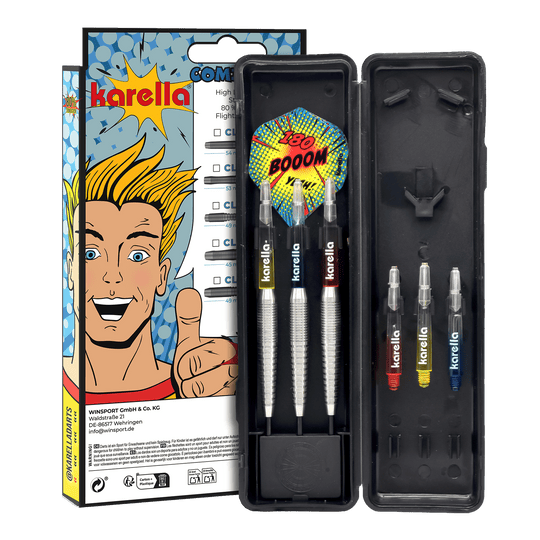Dardos de acero Karella Comic Line CL-5 - 21 g Abgebildet sind die Karella Comic Line CL-5 Steeldarts - 21g. Diese Steeldarts zeichnen sich durch ein Comic-Design aus.