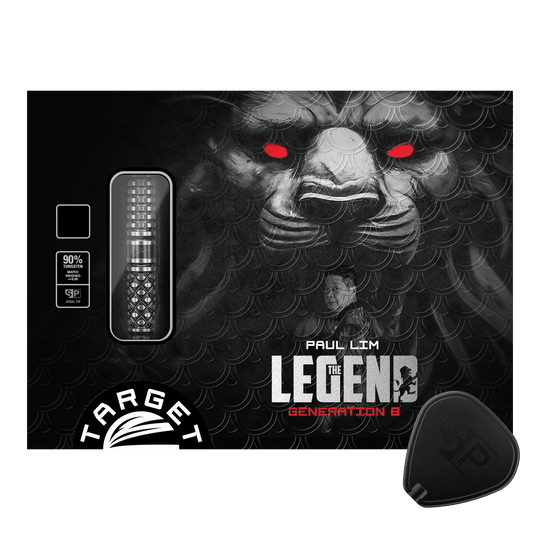 Dardos de acero Target Japan Paul Lim The Legend GEN8 Swiss Point de 24 g Die Verpackung zeigt die "Target Japan Paul Lim The Legend GEN8 Swiss Point Steeldarts - 24g". Im Hintergrund ist ein Löwenkopf mit roten Augen und ein Porträt von Paul Lim zu sehen.