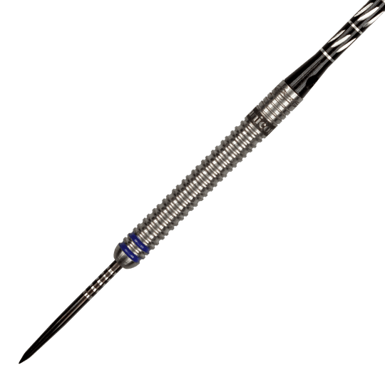 27444_Unicorn_World_Champion_Gary_Anderson_Phase_3_Steeldarts_2 Auf dem Bild ist ein Steeldart der Marke Unicorn zu sehen, Modell "World Champion Gary Anderson Phase 3". Der Dart besteht aus silberfarbenem Metall mit blauen Ringen und einer strukturierten Griffzone.