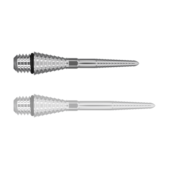 380180_Target_Titanium_Swiss_Point_Grooved_Conversion_Points_Silber_26mm_10YAdudCzG7xN4 Das Bild zeigt zwei silberne, geriffelte Spitzen, die nebeneinander liegen. Sie wirken metallisch und haben eine konische Form mit gewindeförmigem Ende.