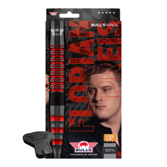 Zu sehen sind Bulls NL Florian Preis 90 Convertible Point Steeldarts. Das Set enthält mehrere Darts.