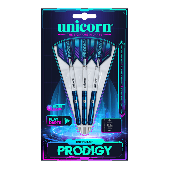 Dardos de acero paralelos Unicorn Prodigy 01 Das Bild zeigt die Verpackung der "Unicorn Prodigy 01 Parallel Steeldarts". Drei blaue Steeldarts sind in einer modernen, futuristisch gestalteten Packung präsentiert.