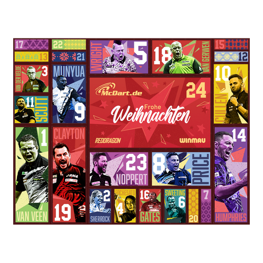 Calendario de Adviento de Dardos de Acero McDart 2026 Der McDart Steel-Darts Adventskalender 2026 ist auf diesem Bild zu sehen. Die Verpackung zeigt attraktive Darts-Motive und weihnachtliches Design.