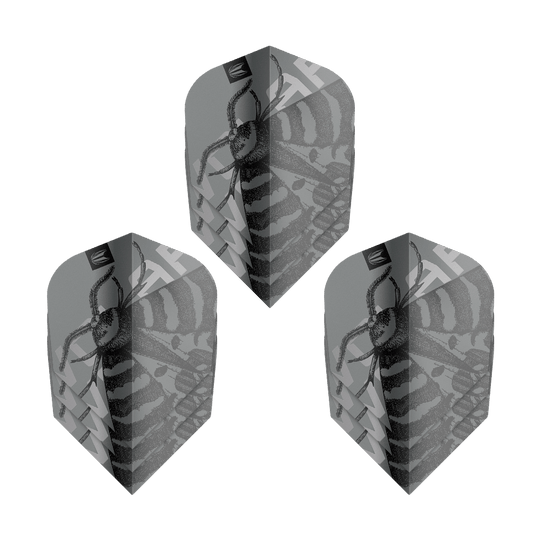 Plumas Target Pro Ultra Volar No6 - 3 juegos Das Bild zeigt drei Sets von Target Pro Ultra Volar No6 Flights. Die Flights sind grau mit einem schwarzen Insektenmuster gestaltet.
