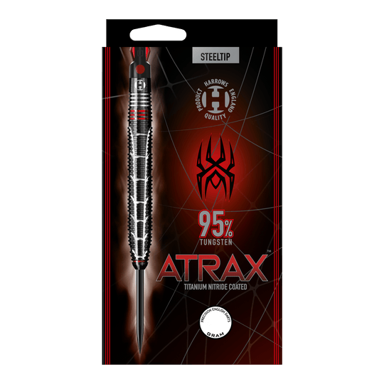 Dardos de acero Harrows Atrax Auf dem Bild ist eine Verpackung für Steeldarts der Marke Harrows zu sehen. Die Darts bestehen zu 95% aus Tungsten und sind mit Titan-Nitrid beschichtet.