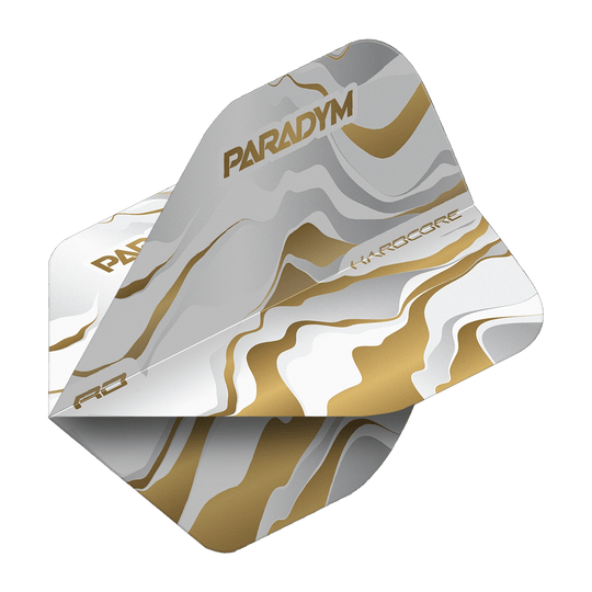 Red Dragon Hardcore Premium Paradym Gold Premium No2 Vuelos estándar Abgebildet ist ein Flight-Set für Dartpfeile des Produkts Red Dragon Hardcore Premium Paradym Gold Premium No2 Standard Flights. Es handelt sich um hochwertige, goldfarbene Standard-Flights für den Dartsport.