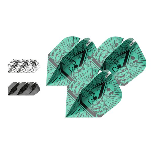 Paquete de tinta Target 3 juegos de plumas Rob Cross No6 Das Bild zeigt drei verschiedene Sets von Dartflights aus dem "Target Ink Bundle 3 Sets Rob Cross No6 Flights". Die Flights haben auffällige Designs in Grün, Schwarz und Weiß mit grafischen Motiven.