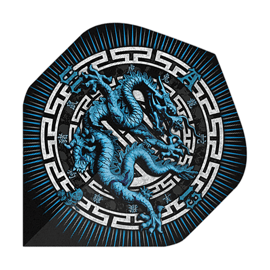 Vuelos estándar n.° 2 del Año del Dragón de Alchemy Das Bild zeigt das Produkt "Alchemy Year Of The Dragon No2 Standard Flights". Auf dem Flight ist ein blauer Drache in einem dekorativen, kreisförmigen Muster abgebildet.